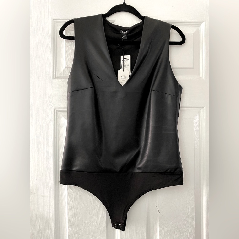 Faux Leather V-Neck Bodysuit - Express - Black